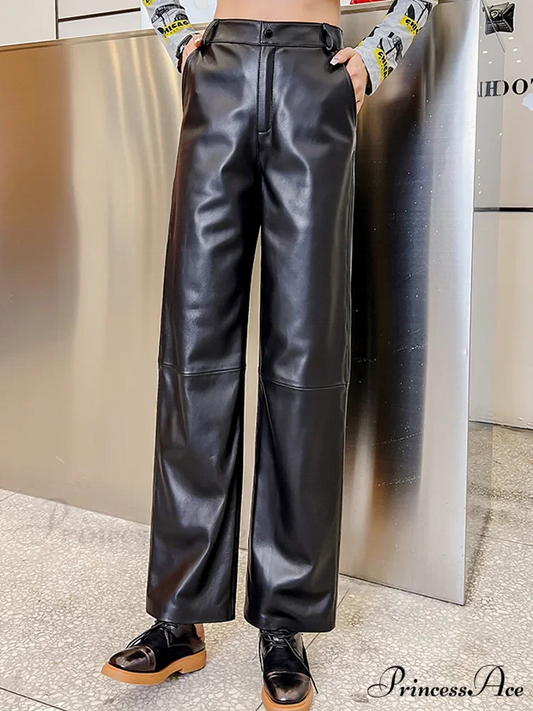 Office Lady Casual Real Sheepskin Wide Leg Genuine Leather Loose Fit Pants