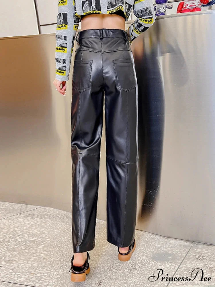 Office Lady Casual Real Sheepskin Wide Leg Genuine Leather Loose Fit Pants