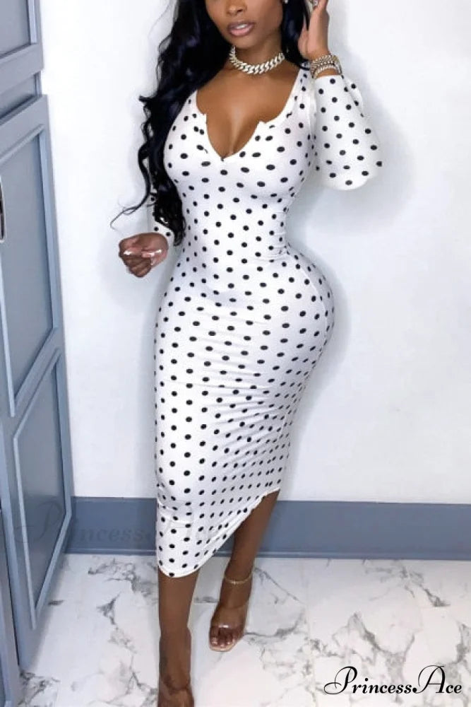 Office Lady Skinny Long Sleeve Dress white / L