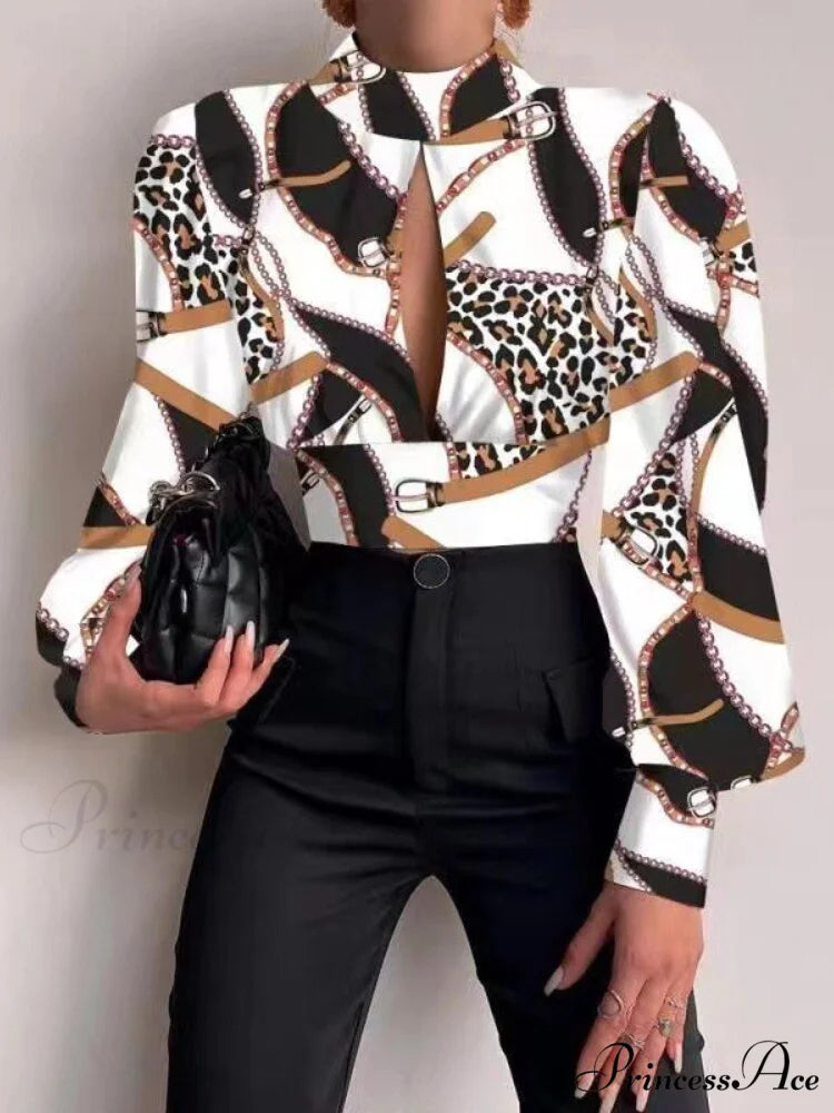 Office LadySlim Stand Collar Long Sleeve Blouse Brown / S