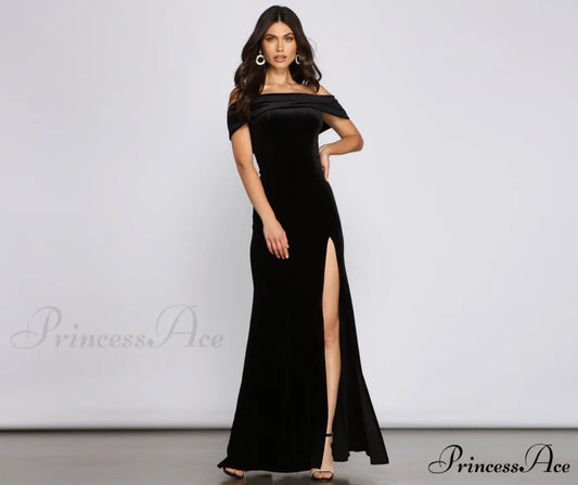 Olivia Formal Velvet Charming Off-The-Shoulder Maxi Dress BLACK / s