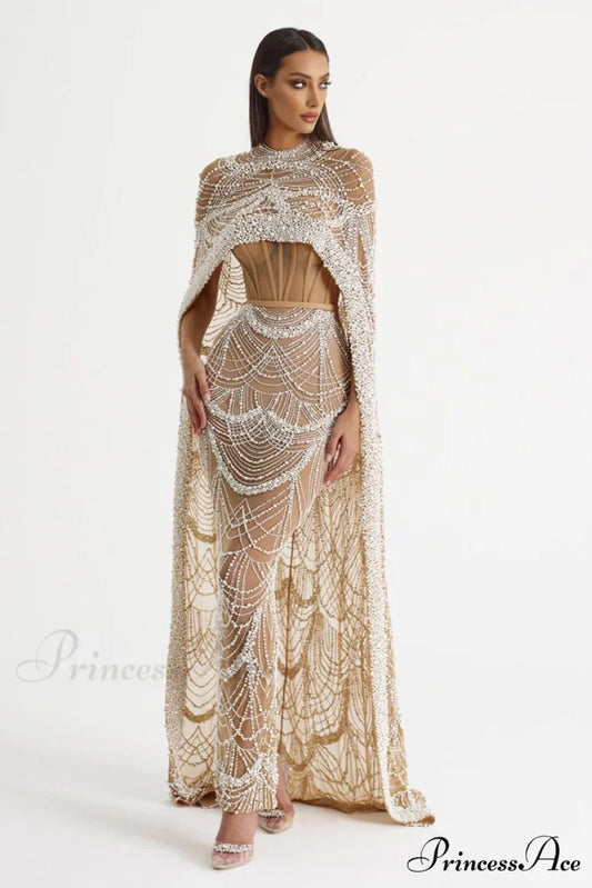 Olivia Pearl Graceful Embellished Maxi Dress Champagne / Partially Lined / 2