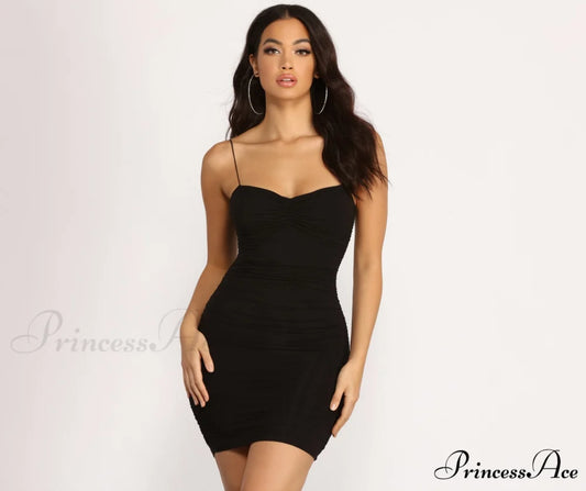 On My Level Charming Ruched Mini Dress BLACK / XS