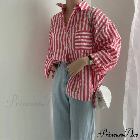 One-Buttoned Striped Lapel Collar Top blouse-250223