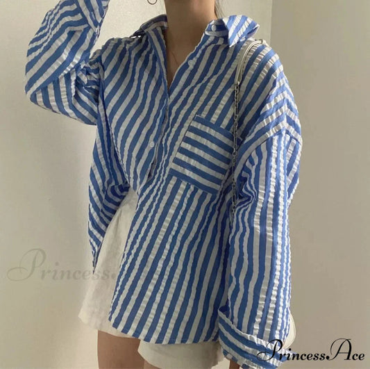 One-Buttoned Striped Lapel Collar Top Dark Blue / One Size blouse-250223