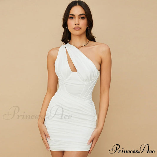 One Shoulder Cut Out Ruched Classic Mesh Party Mini Dress - Green S / White