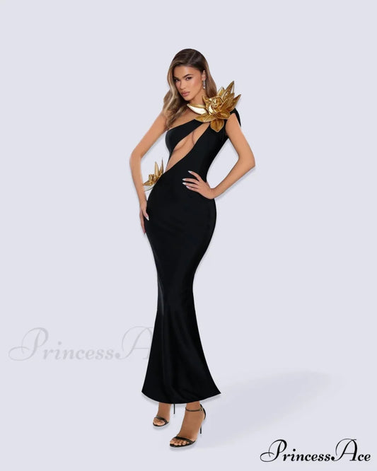 One-Shoulder Hollow Out Bodycon Party Dress Black / XS