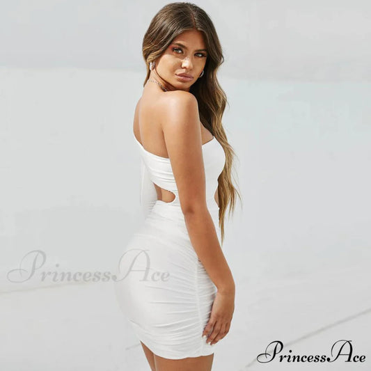 One Shoulder Knit Trendy Sweater Mini Dress M / White