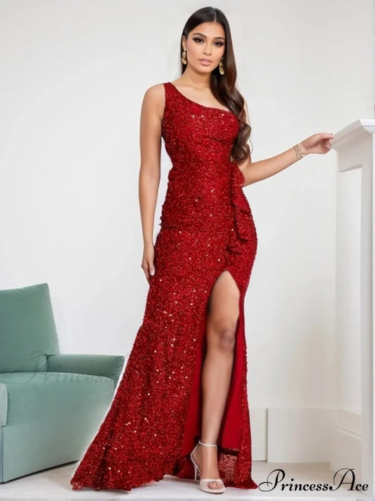 One Shoulder Red Sequined Ruffles Slit Evening Party Backless Lace Christmas Party Dress Red / S