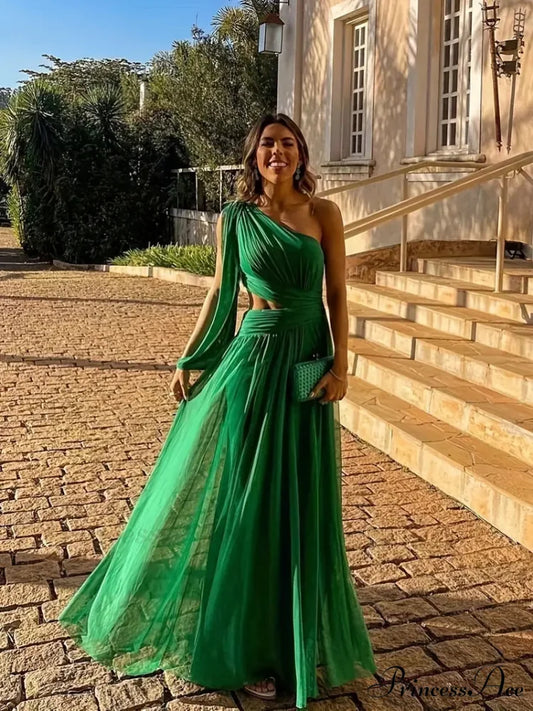 One Shoulder Ruched Asymmetrical Party Dress - Dark Green