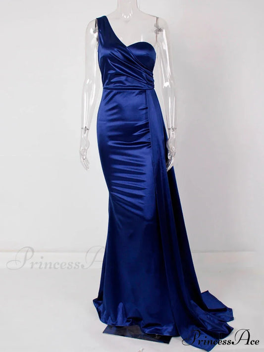 One-Shoulder Ruched Satin Party Dress Blue / 4