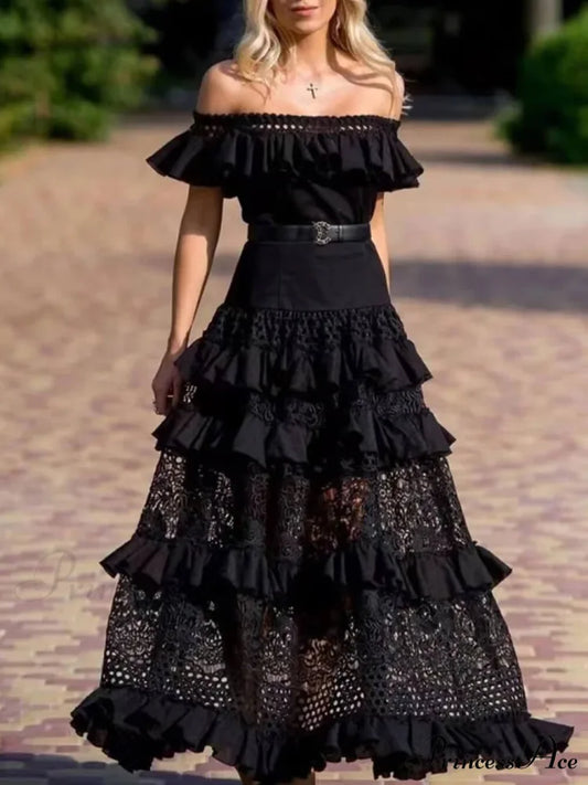 One-Shoulder Ruffled Hollow Swing Graceful Lace Patchwork Long Dress Black / S