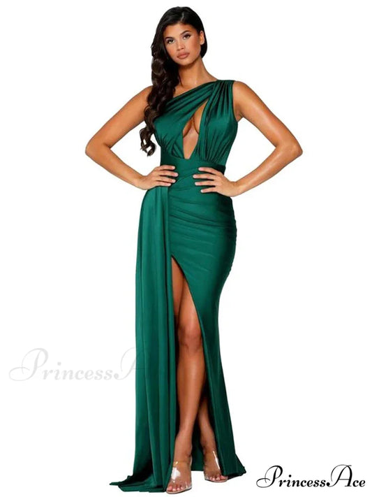 One-Shoulder Satin Hollow Out Party Dress Green / XS