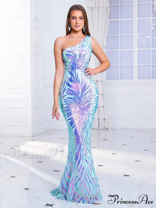 One-Shoulder Sequined Party Dress Blue / S