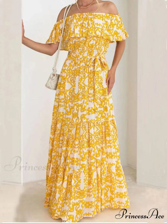 One-Shoulder Short-Sleeve Printed Charming Ruffle Maxi Dress Yellow / S