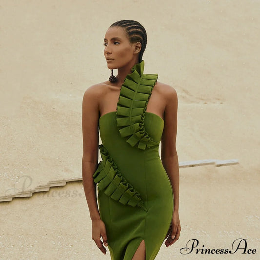 One-Shoulder Side Slits Exposed Legs Dress Green / XS