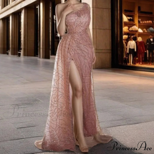 One Shoulder Sparkling Long Gown Formal Gown pink / S promdress-250223