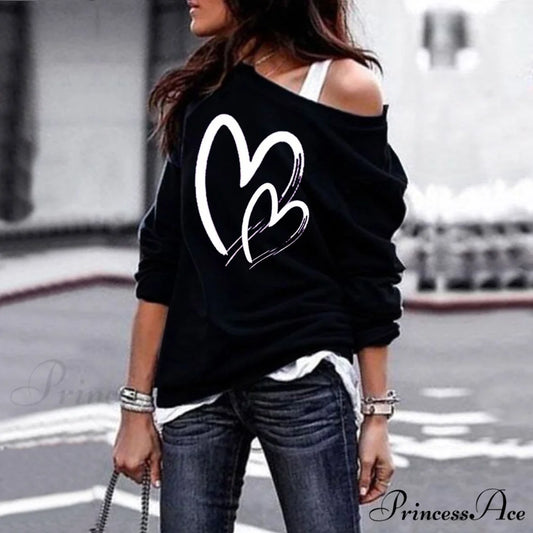 One Sweatshirt Tops Patterned Women’s Heart Shoulder Casual Pullover Top Black E7M387 / S
