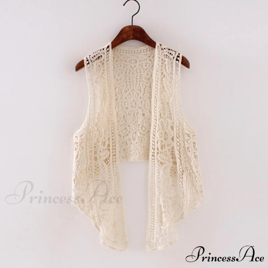 Open Asymmetric Bohemian Embroidery Blouse Crochet Hippie Coastal Cardigan Stitch Knit Vest Beige / One Size