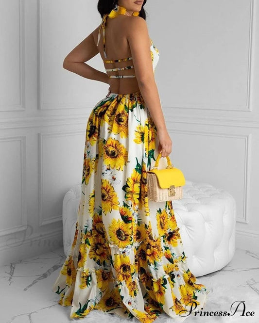 Open Back Print Bandage Maxi Dress S / RED