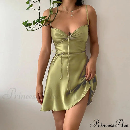 Open-backed Deep V-neck Silk Slip Holiday Dress Green / S vacationdress-250223