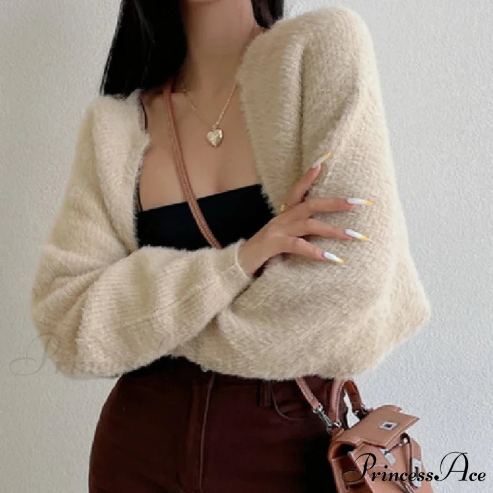 Open Front Cropped Extended Sleeve Cardigan Apricot / One Size cardigans-241228