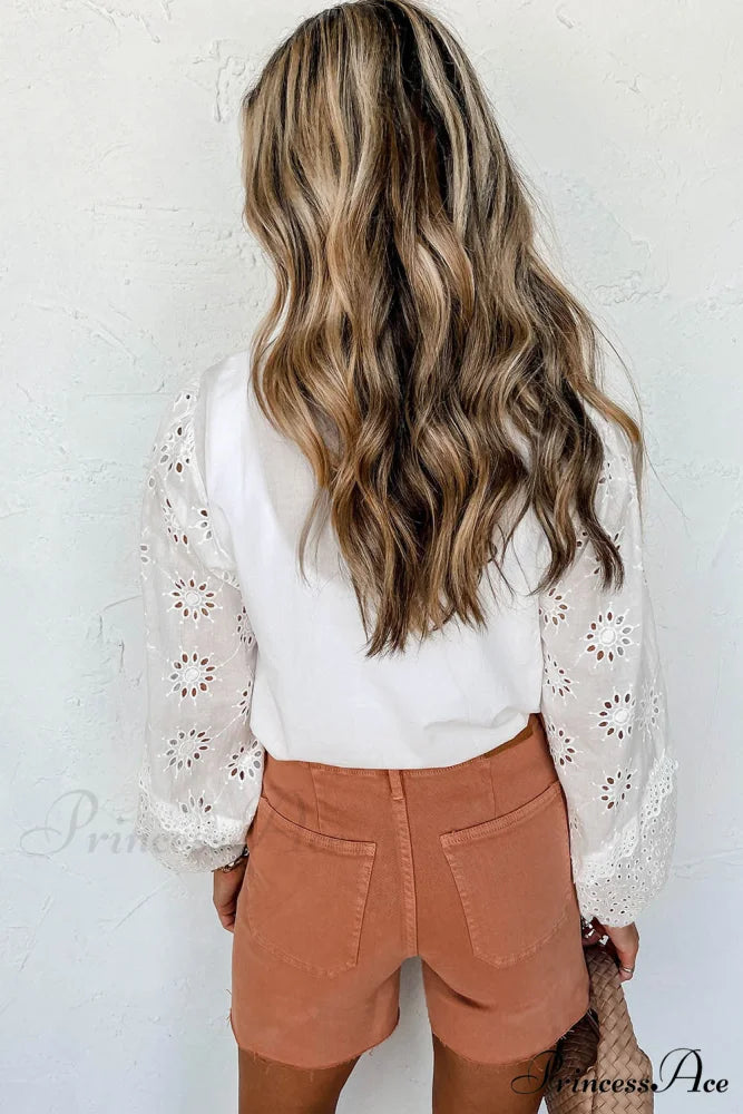 Openwork Long V-Neck Arm Blouse