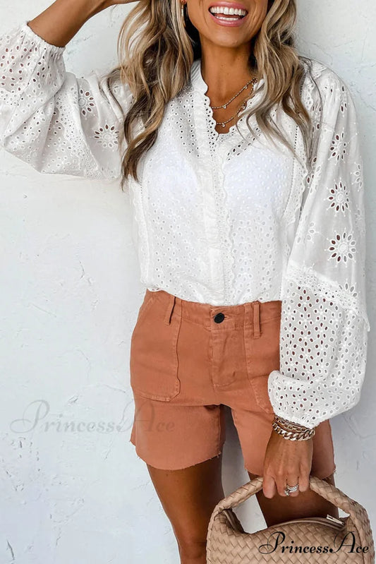 Openwork Long V-Neck Arm Blouse White / S