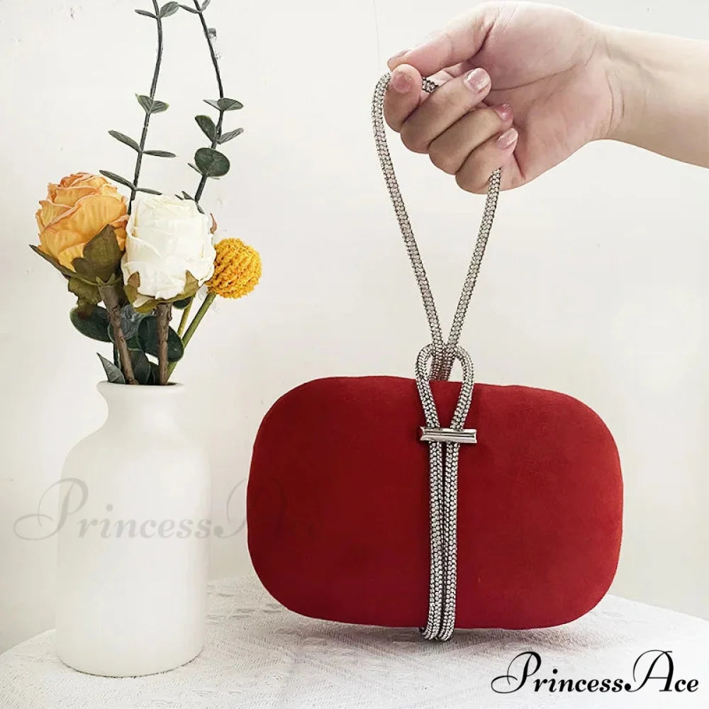 Opulent Crimson Velvet Gem Handle Evening Wedding Tote Handbag clutchbag-250126