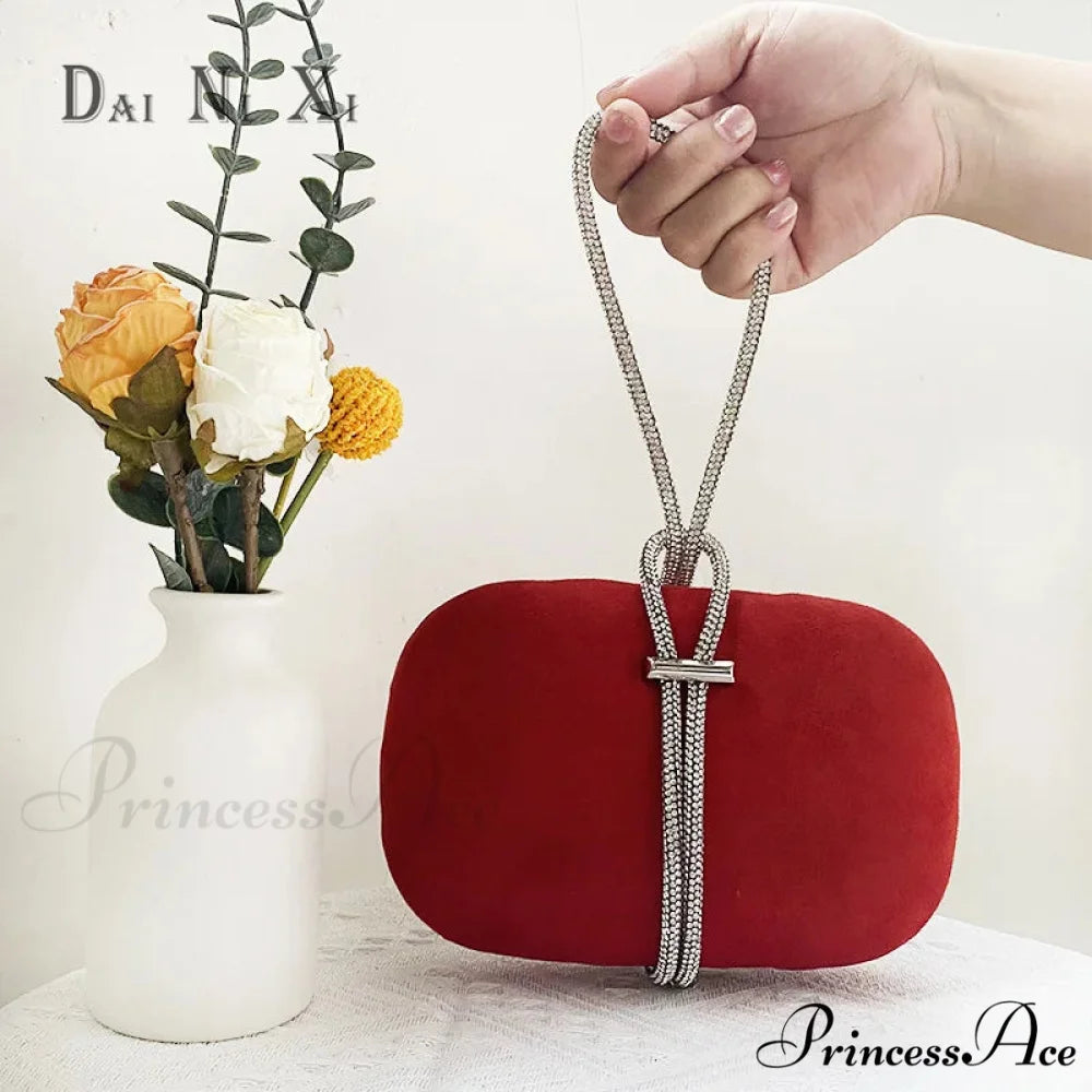Opulent Crimson Velvet Gem Handle Evening Wedding Tote Handbag Wine red clutchbag-250126
