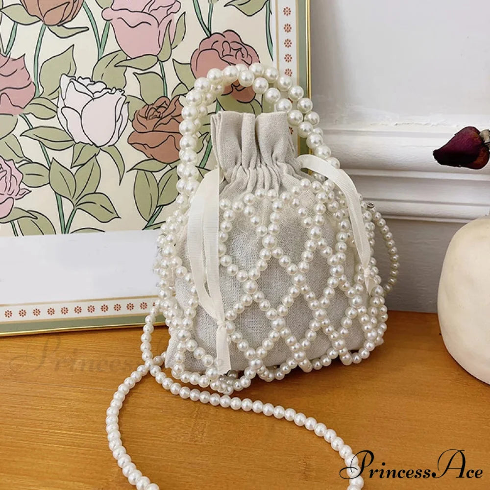 Opulent Pearl Woven Pail Handbag White handbag-250126