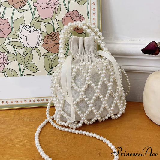 Opulent Pearl Woven Pail Handbag White handbag-250126