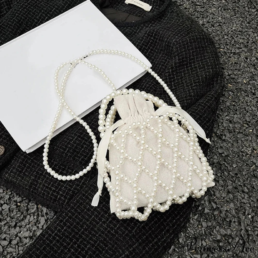Opulent Pearl Woven Pail Handbag White handbag-250126