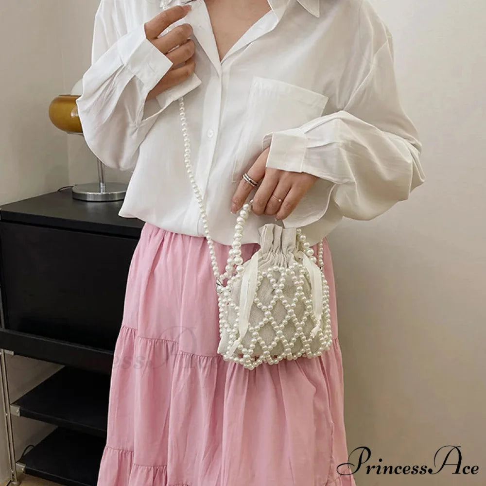 Opulent Pearl Woven Pail Handbag White handbag-250126