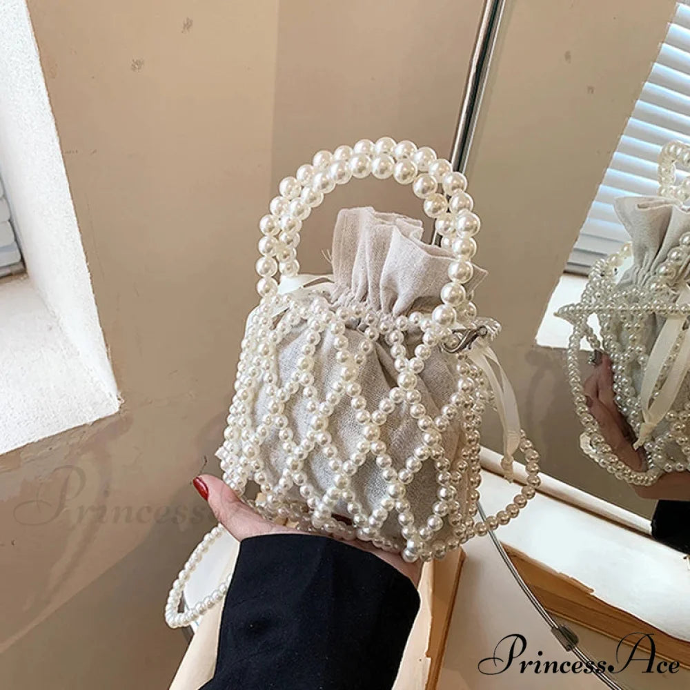 Opulent Pearl Woven Pail Handbag White handbag-250126