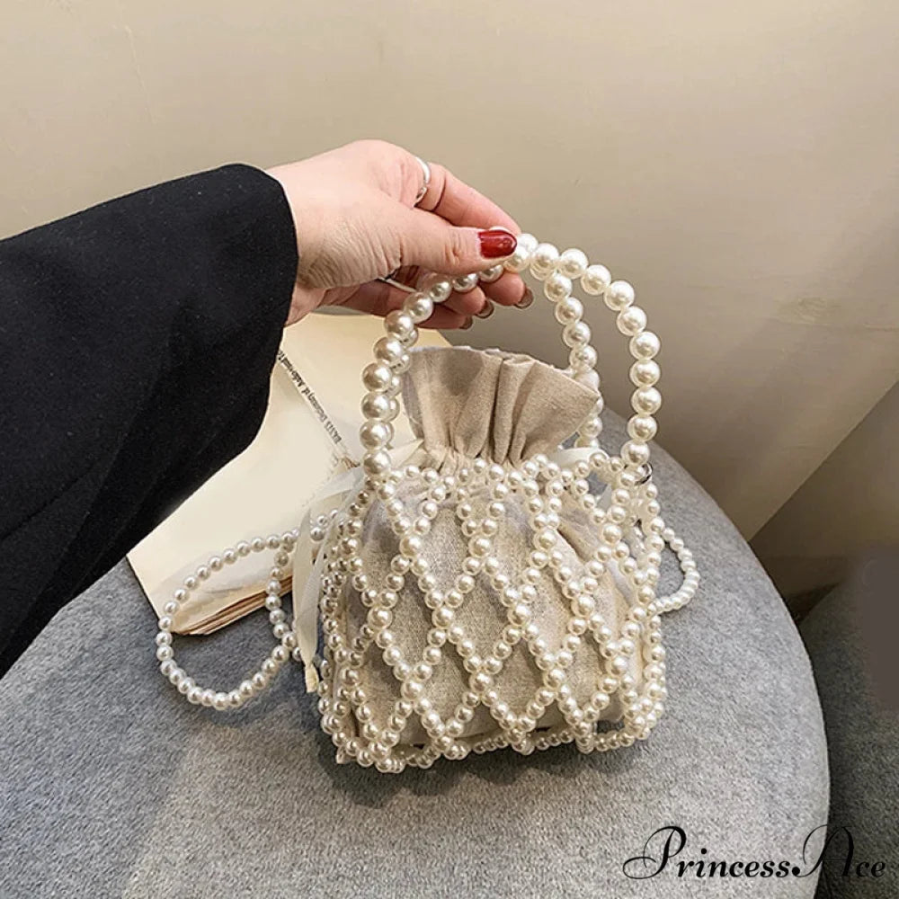 Opulent Pearl Woven Pail Handbag White handbag-250126