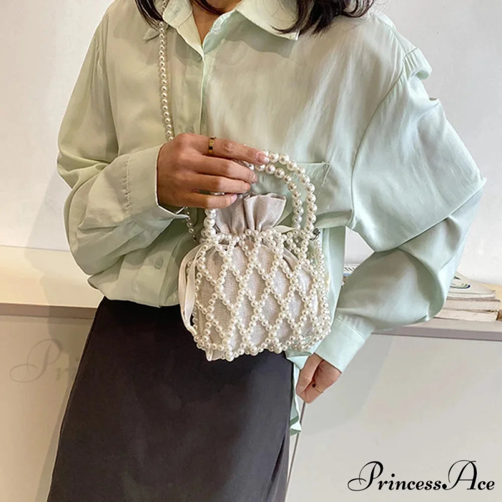 Opulent Pearl Woven Pail Handbag White handbag-250126