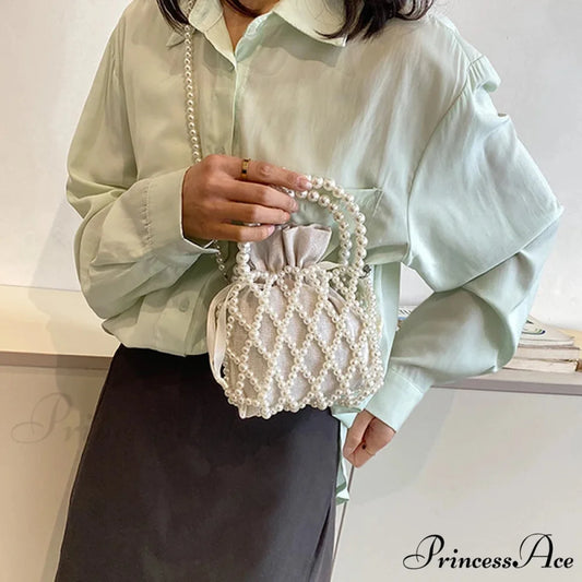 Opulent Pearl Woven Pail Handbag White handbag-250126