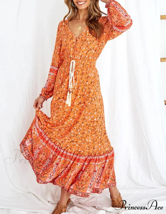Orange Flowery Pattern Stretchy Waist Rayon Cotton Long Boho Dress Orange / S bohodress-250126