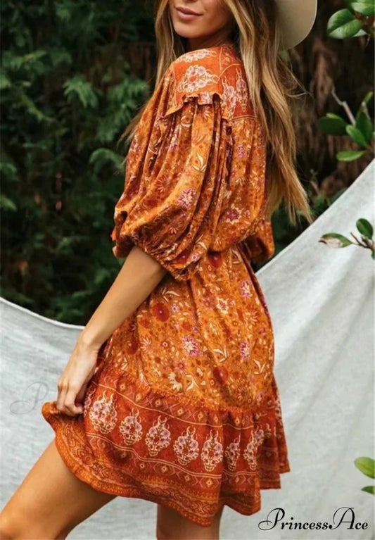 Orange Flowery Print Lantern Sleeve Fringe Rayon Mini Boho Dress bohodress-250126