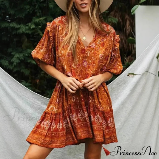 Orange Flowery Print Lantern Sleeve Fringe Rayon Mini Boho Dress Orange / S bohodress-250126