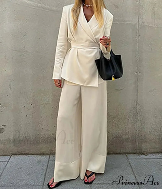 Orange Lace-Up Straight Pants Work Two Piece Set Apricot / S officetwopieceset-250223