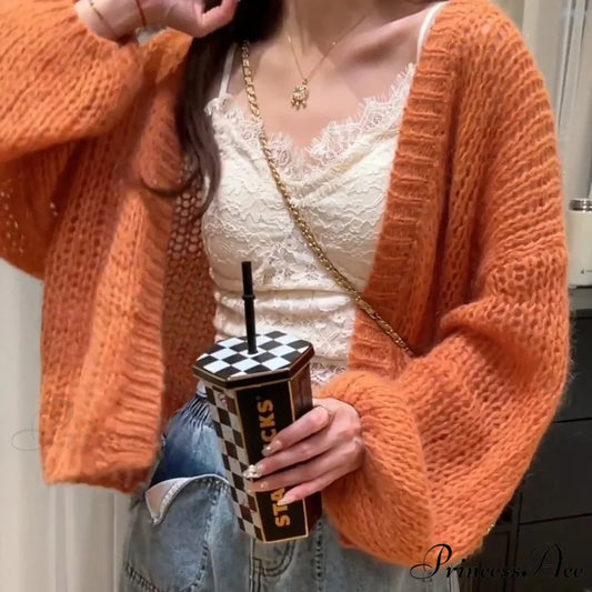 Orange Lantern Sleeve Open Stitch Loose Spring Cardigan Modified: Orange Lantern Sleeve Open Stitch Baggy Spring