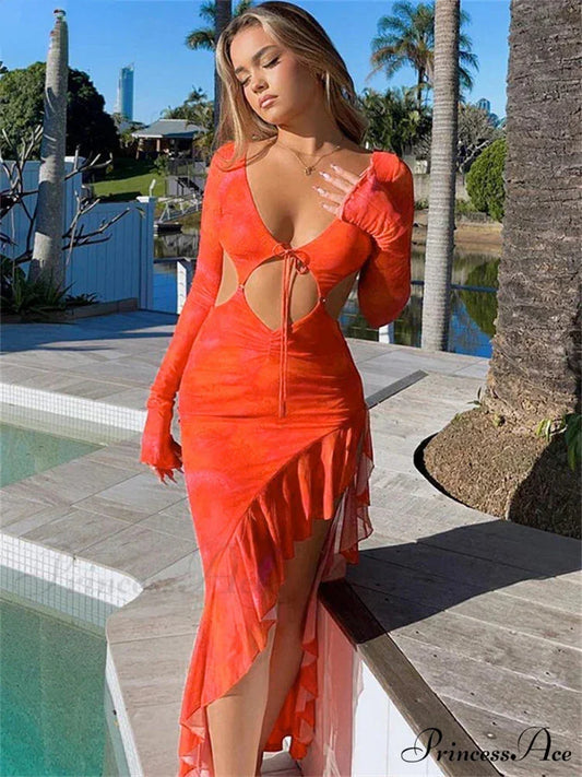 Orange Ruffles Cut Out Long Maxi Dress Orange / S