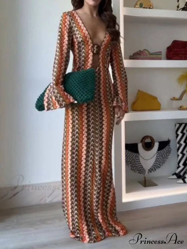 Orange Soda Stripe Print O-Ring Trendy Long Sleeve Beach Maxi Dress Orange / S