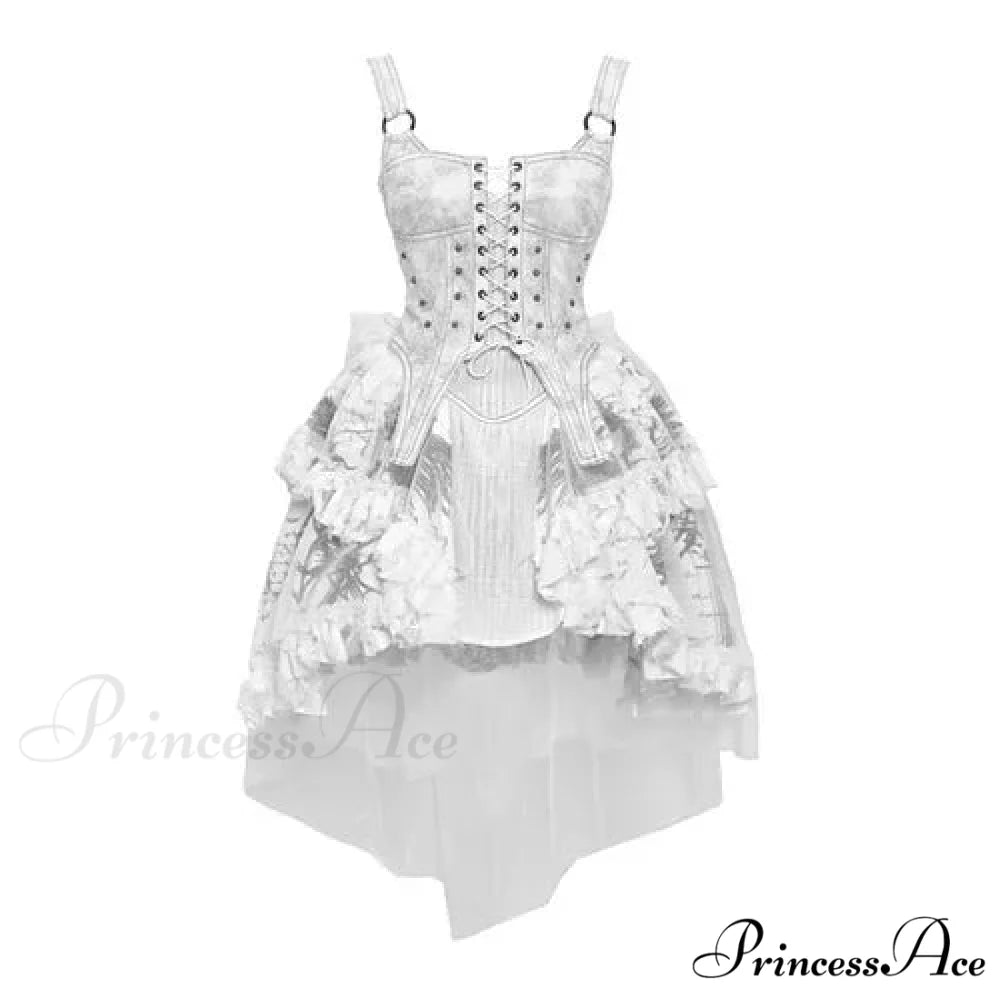 Original Madhouse Vintage Punk Niche Trailing Print Dress Gothic Light Lolita Suspender Dress WHITE / S