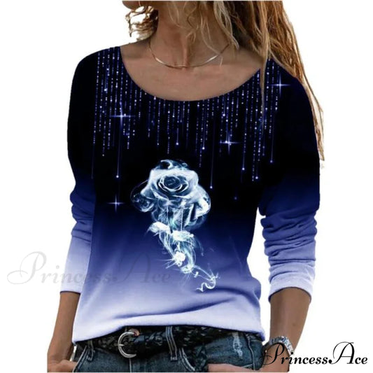 Oversize Long Sleeve O-Neck Printed Shirts Blue / S