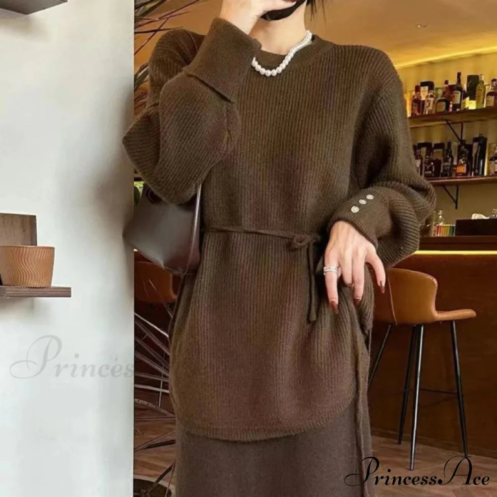 Oversize Thick Red Knitting Warm Casual Lantern Sleeve Christmas Sweater Brown / One Size