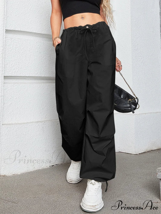 Oversized Drawstring Low Waist Slant Pocket Cargo Parachute Pants Black / XS