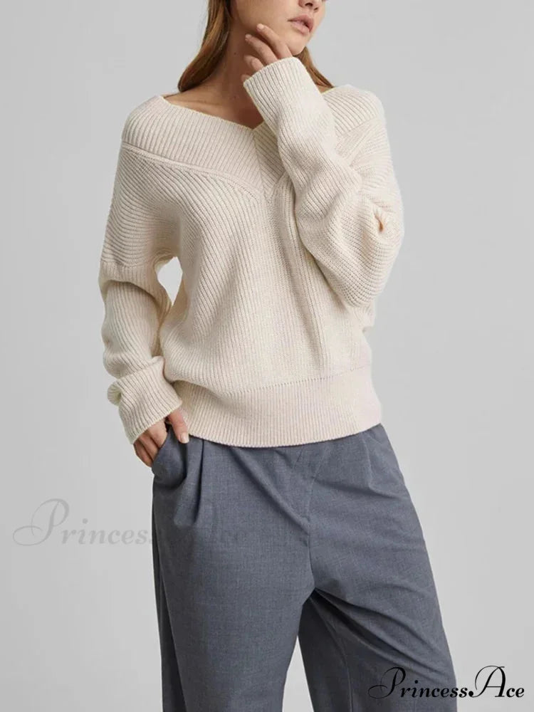 Oversized Loose Long Sleeve Solid Green Fashion Knitted Christmas Sweater Beige / S
